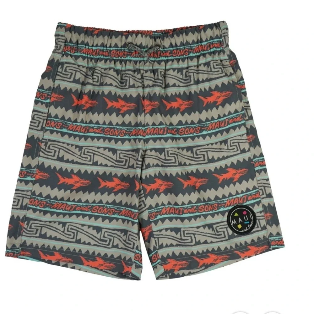 Maui and Sons Boys Shark Print Pool Shorts Deep Coral Size L 10/12 NWT BPS15785